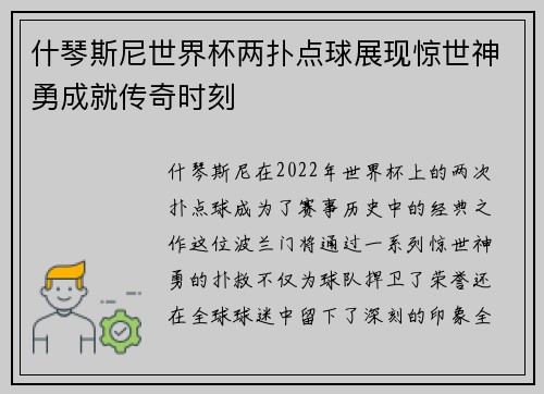 什琴斯尼世界杯两扑点球展现惊世神勇成就传奇时刻